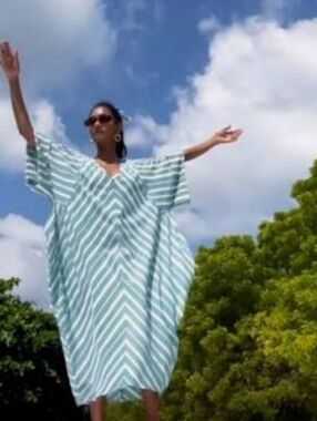 MINIATURE AUROVILLE Avant Garde Striped V-Neck Lagenlook Dress OS